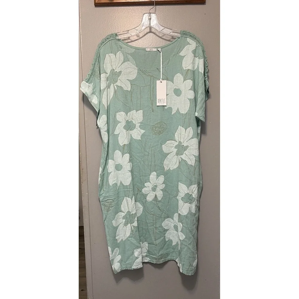 Kaktus NWT Linen SAGE floral Dress Made In Italy Size XL Pockets Vacation Boho